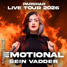 Frau mit Mikrofonen vor Flammen, Text: PARSHAD LIVE TOUR 2026 EMOTIONAL SEIN VADDER., © links im Bild