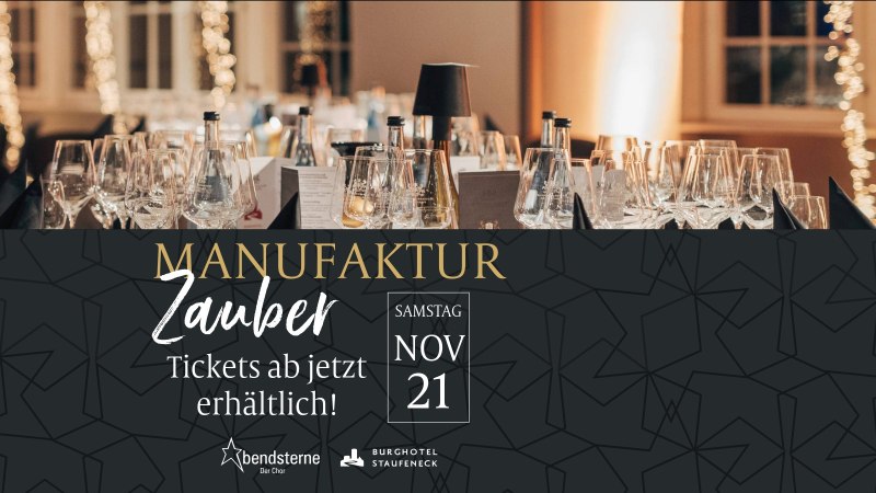 Eleganter Tisch mit Gläsern und Flaschen, beworbenes Event 'Manufaktur Zauber' am 21. November. Tickets sind erhältlich., © Weinmanufaktur Stuttgart eG Eleganter Tisch mit Gläsern und Flaschen, beworbenes Event 'Manufaktur Zauber' am 21. November. Tickets sind erhältlich., © Weinmanufaktur Stuttgart eG