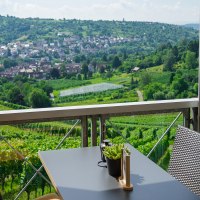 Terrace with table and chairs, view of green vineyards and a village in the background. Sunny day, clear view of the landscape., © Rotenberger Weingärtle, Frederik Garlin