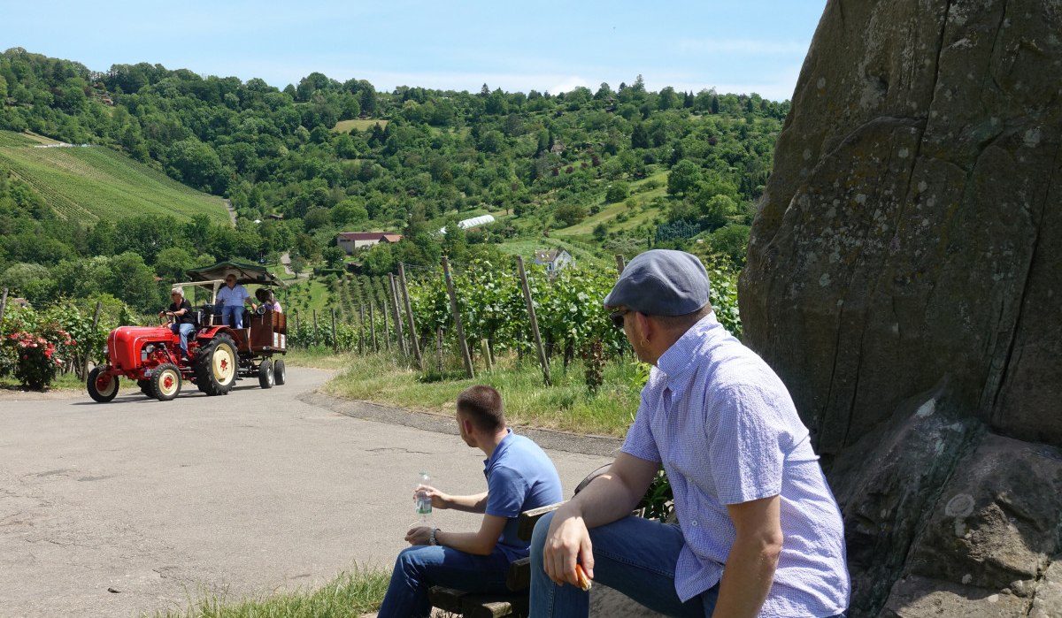 Two men are sitting on a bench in the vineyard. A red tractor with a trailer drives past. Green hills and vines can be seen in the background., &copy; Stuttgart-Marketing GmbH