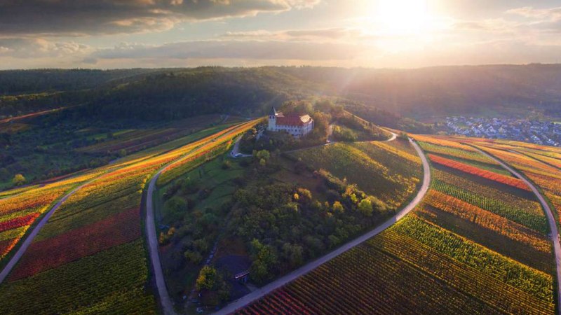 Aerial view of Michaelsberg, surrounded by colorful vineyards at sunset. A church stands on the hill, surrounded by woods and fields., © Neckar-Zaber-Tourismus e.V Aerial view of Michaelsberg, surrounded by colorful vineyards at sunset. A church stands on the hill, surrounded by woods and fields., © Neckar-Zaber-Tourismus e.V
