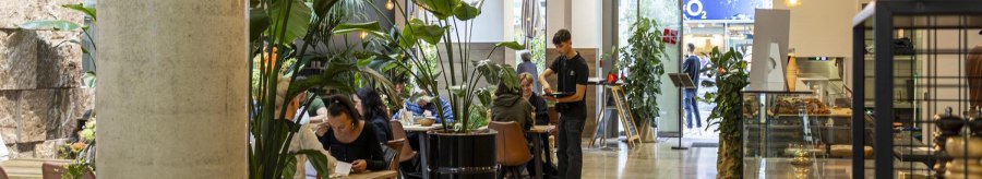 Modern café with large plants, tables and a waiter. People sit and enjoy their time. Bright, inviting atmosphere., © SMG Stuttgart Marketing GmbH - Sarah Schmid