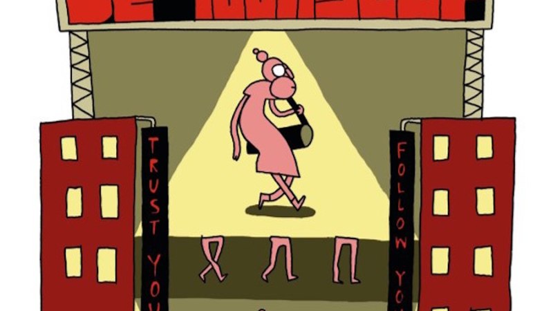 Comic-Zeichnung einer Bühne mit der Aufschrift 'Be Yourself'. Eine Figur im Rampenlicht, umgeben von Gebäuden mit motivierenden Botschaften., © Literaturhaus Comic-Zeichnung einer Bühne mit der Aufschrift 'Be Yourself'. Eine Figur im Rampenlicht, umgeben von Gebäuden mit motivierenden Botschaften., © Literaturhaus