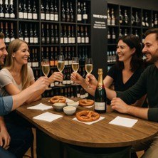 Vier Personen stoßen mit Sektgläsern an einem Tisch in einem Weinladen an. Auf dem Tisch liegen Brezeln und eine Sektflasche., © links im Bild Vier Personen stoßen mit Sektgläsern an einem Tisch in einem Weinladen an. Auf dem Tisch liegen Brezeln und eine Sektflasche., © links im Bild