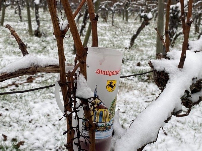 Ein Glühweinbecher mit Stuttgarter Motiv hängt an einem schneebedeckten Weinstock in einem winterlichen Weinberg., © Weingenuss Stuttgart Ein Glühweinbecher mit Stuttgarter Motiv hängt an einem schneebedeckten Weinstock in einem winterlichen Weinberg., © Weingenuss Stuttgart