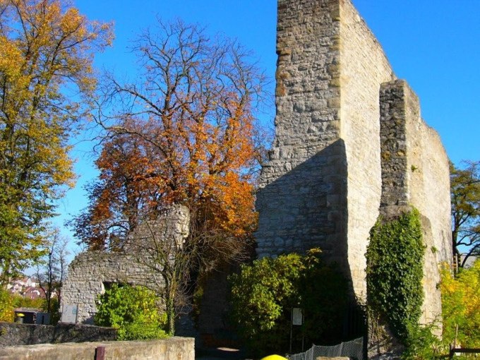 Ruinen einer alten Steinburg umgeben von herbstlichen Bäumen unter klarem, blauem Himmel., © Cool-Tours StattReisen