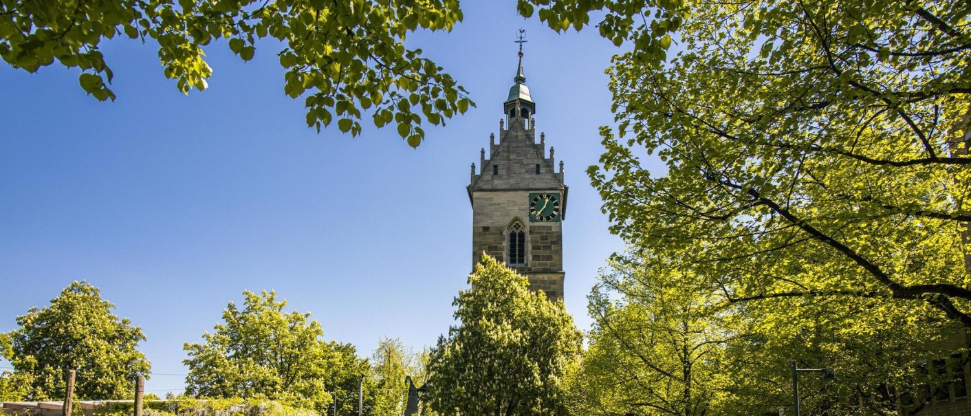 A church tower rises above green trees under a clear blue sky. The scene exudes a sense of peace and a connection to nature., © SMG Stuttgart Marketing GmbH - Sarah Schmid A church tower rises above green trees under a clear blue sky. The scene exudes a sense of peace and a connection to nature., © SMG Stuttgart Marketing GmbH - Sarah Schmid