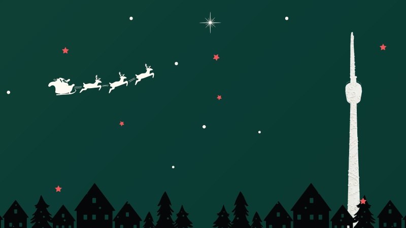 Weihnachtliche Illustration mit dem Weihnachtsmann im Schlitten, gezogen von Rentieren, &uuml;ber einer Stadt mit dem Fernsehturm im Hintergrund., &copy; StadtPalais