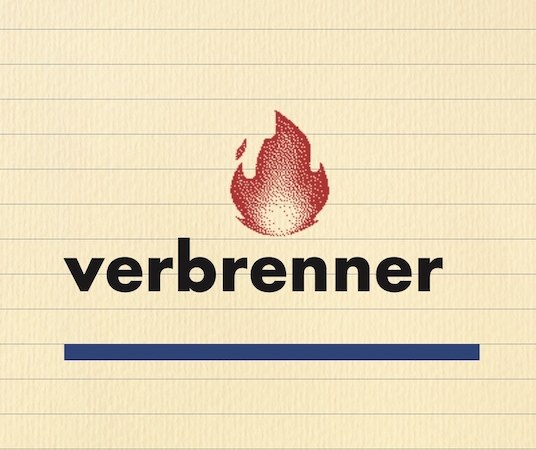 Buchcover von 'verbrenner' von Jörg Piringer. Beige Hintergrund mit blauer Schrift und rotem Flammensymbol. Verlag: Ritter Literatur., © Literaturhaus Stuttgart