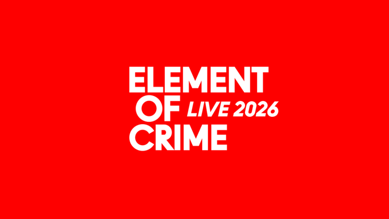 Weißer Text auf rotem Hintergrund: "Element of Crime Live 2026". Einfache, klare Gestaltung., © links im Bild Weißer Text auf rotem Hintergrund: "Element of Crime Live 2026". Einfache, klare Gestaltung., © links im Bild