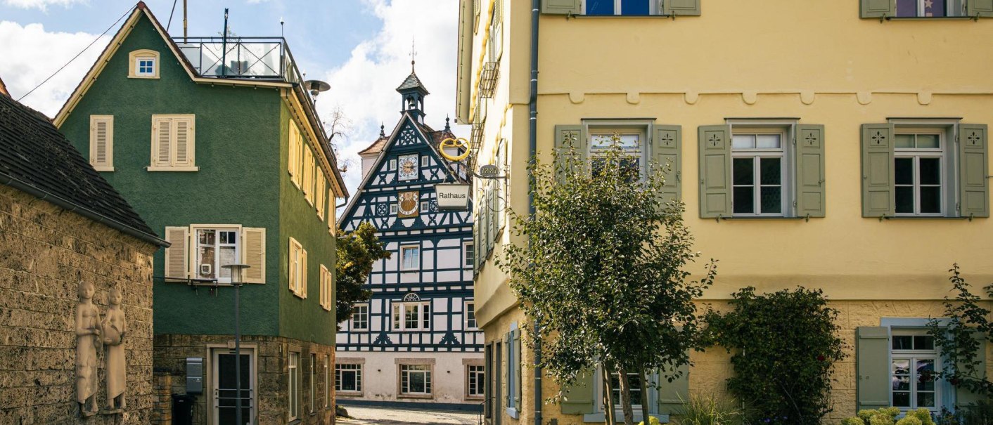 A view of a historic half-timbered house in Bad &Uuml;berkingen, framed by colorful buildings, the town hall, and a tree in the foreground., &copy; SMG Stuttgart Marketing GmbH - Sarah Schmid