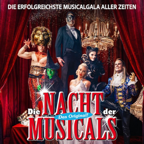 Poster for "The Night of Musicals" featuring characters from *Frozen*, *Dance of the Vampires*, *Aladdin*, *Cats*, *The Lion King*, *Moulin Rouge*, and more., © Pura Vida Theater und Musical GmbH Poster for "The Night of Musicals" featuring characters from *Frozen*, *Dance of the Vampires*, *Aladdin*, *Cats*, *The Lion King*, *Moulin Rouge*, and more., © Pura Vida Theater und Musical GmbH