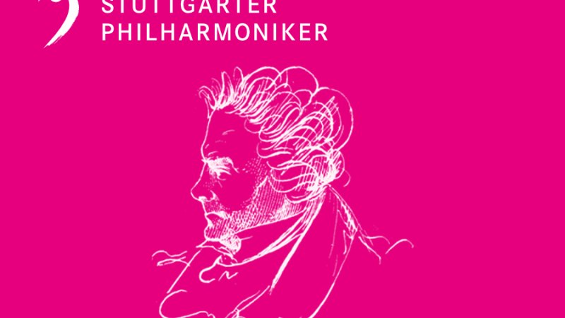 Zeichnung von Beethoven auf pinkem Hintergrund, daneben der Schriftzug 'STUTTGARTER PHILHARMONIKER' und ein Notenschl&uuml;ssel., &copy; Stuttgarter Philharmoniker