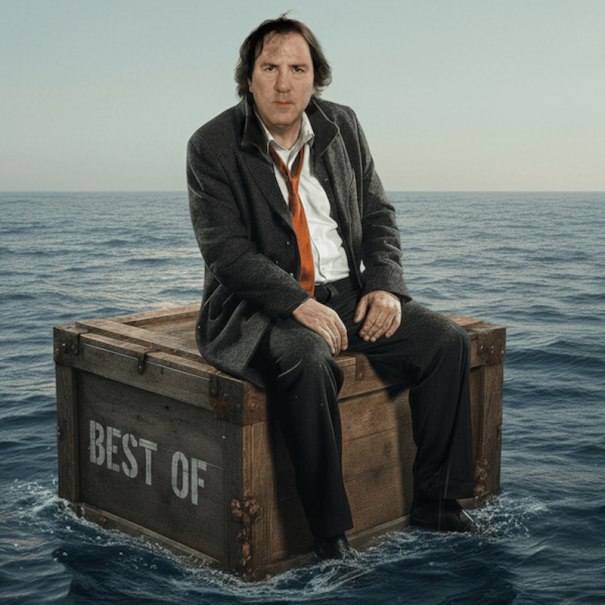 Ein Mann in einem Anzug sitzt auf einer Holzkiste mit der Aufschrift 'Best Of', die auf dem Meer schwimmt. Der Himmel ist klar und das Wasser ruhig., © Renitenztheater Stuttgart e.V. Ein Mann in einem Anzug sitzt auf einer Holzkiste mit der Aufschrift 'Best Of', die auf dem Meer schwimmt. Der Himmel ist klar und das Wasser ruhig., © Renitenztheater Stuttgart e.V.