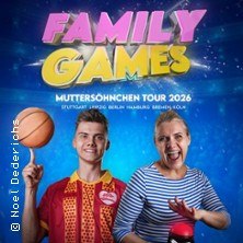 Poster for the Mutters&ouml;hnchen Family Games Tour 2026 with a young man and a woman posing happily. Cities: Stuttgart, Leipzig, Berlin, Hamburg, Bremen, Cologne., &copy; see on the left