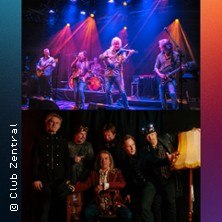 Zwei Bands auf einer B&uuml;hne: Oben spielt eine Band unter bunten Lichtern, unten posiert eine andere Band f&uuml;r ein Gruppenfoto. Musik-Event im Club Zentral., &copy; links im Bild
