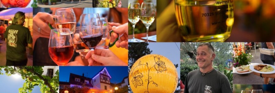 Collage of a wine festival with wine tasting, cheerful people, decorative lanterns and a cozy outdoor ambience., © Weingut Ruoff