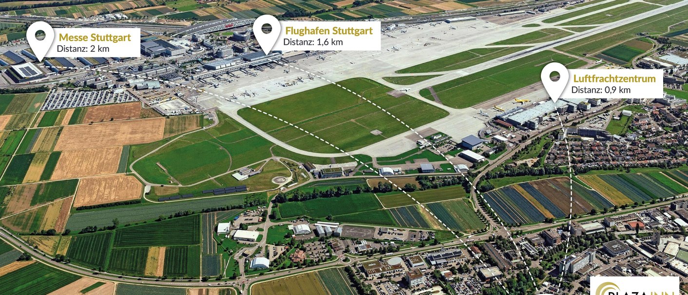 Aerial view of Stuttgart Airport, surrounded by fields and buildings. Markings show distances to the trade fair, the air cargo center and the Plaza Inn Hotel., © Plaza INN Stuttgart-Filderstadt Aerial view of Stuttgart Airport, surrounded by fields and buildings. Markings show distances to the trade fair, the air cargo center and the Plaza Inn Hotel., © Plaza INN Stuttgart-Filderstadt