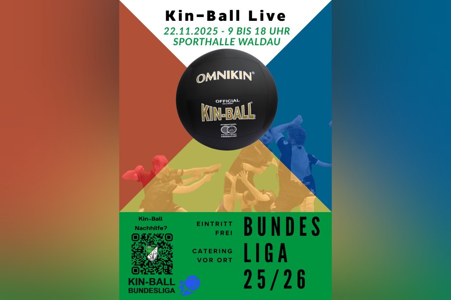 Einladung zu einem Kin-Ball Bundesliga-Spieltag am 22.11.2025 in der Sporthalle Waldau. Eintritt frei, Catering vor Ort. Enthält QR-Code für Kin-Ball-Infos., © 2025 Einladung zu einem Kin-Ball Bundesliga-Spieltag am 22.11.2025 in der Sporthalle Waldau. Eintritt frei, Catering vor Ort. Enthält QR-Code für Kin-Ball-Infos., © 2025