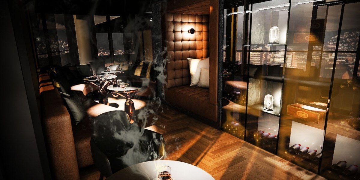 Elegant smoking lounge with leather seats, tables and shelves. Subdued lighting, city view through windows, cozy atmosphere., © Jaz Hotel Stuttgart Elegant smoking lounge with leather seats, tables and shelves. Subdued lighting, city view through windows, cozy atmosphere., © Jaz Hotel Stuttgart