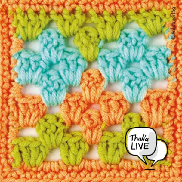 A colorful granny square in orange, green and blue, artfully crocheted. Perfect for creative needlework projects., © Thalia Deutschland GmbH & Co. KG A colorful granny square in orange, green and blue, artfully crocheted. Perfect for creative needlework projects., © Thalia Deutschland GmbH & Co. KG