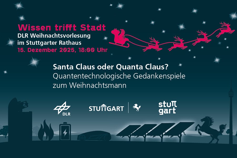 Banner für die DLR Weihnachtsvorlesung 2025 in Stuttgart mit dem Thema 'Santa Claus oder Quanta Claus?'., © Bild: DLR (CC BY-NC-ND 3.0) Banner für die DLR Weihnachtsvorlesung 2025 in Stuttgart mit dem Thema 'Santa Claus oder Quanta Claus?'., © Bild: DLR (CC BY-NC-ND 3.0)