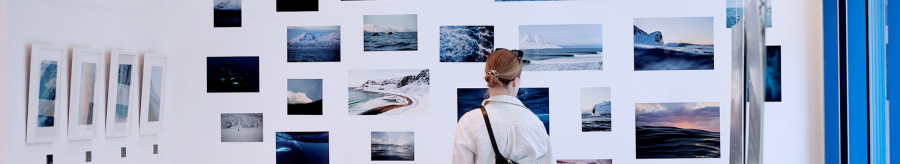 A person looks at a wall with photographs of landscapes and water. The pictures show various natural motifs in cool colors., © OCEAN GALLERY