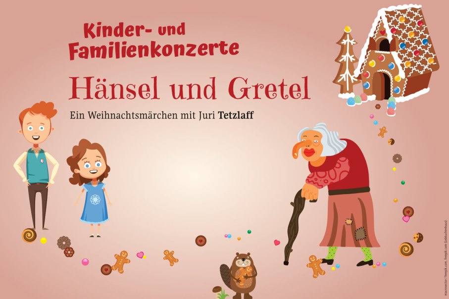 Illustration von Hänsel und Gretel, einer Hexe und einem Lebkuchenhaus. Text: "Kinder- und Familienkonzerte Hänsel und Gretel. Ein Weihnachtsmärchen mit Juri Tetzlaff.", © Stuttgarter Philharmoniker