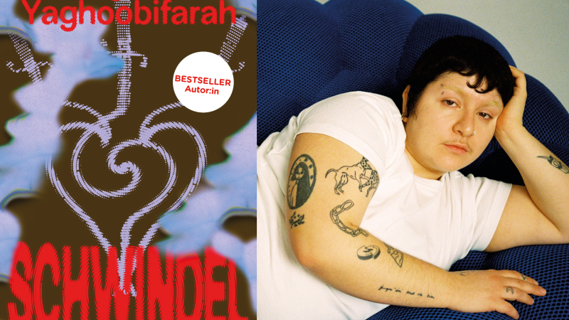 Buchcover von 'Schwindel' neben einer Person mit Tattoos, die auf einem blauen Sessel liegt., © Lior Neumeister Buchcover von 'Schwindel' neben einer Person mit Tattoos, die auf einem blauen Sessel liegt., © Lior Neumeister