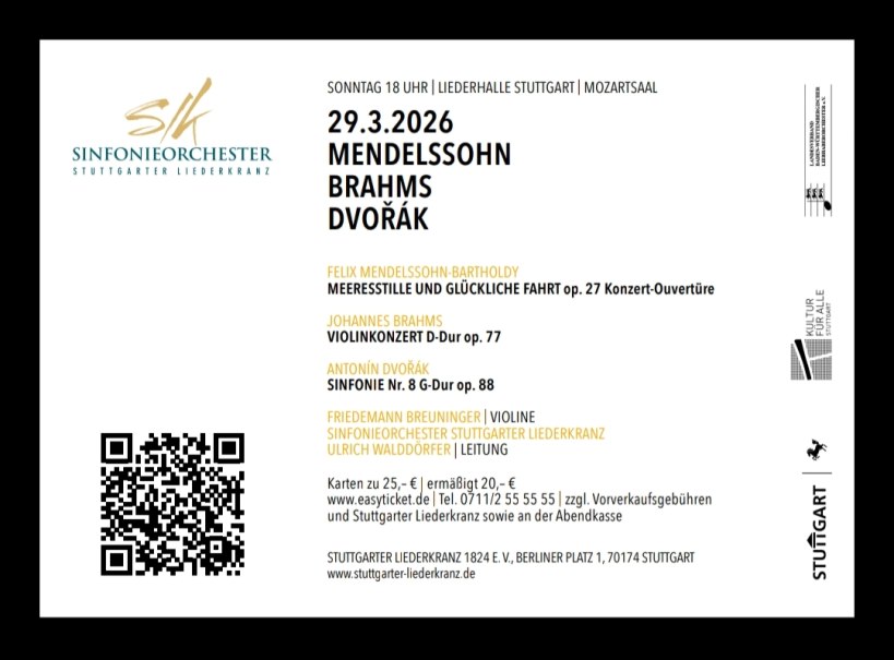 Konzertplakat des Sinfonieorchesters Stuttgarter Liederkranz f&uuml;r den 29. M&auml;rz 2026 mit Werken von Mendelssohn, Brahms und Dvoř&aacute;k im Mozartsaal der Liederhalle Stuttgart., &copy; Stuttgarter Liederkranz 1824 e.V.