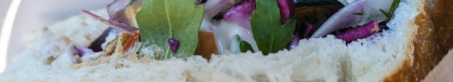 Nahaufnahme eines Kebaps mit Sesambrot, Rotkohl, Rucola und Sauce. Frische Zutaten sind sichtbar., &copy; SMG