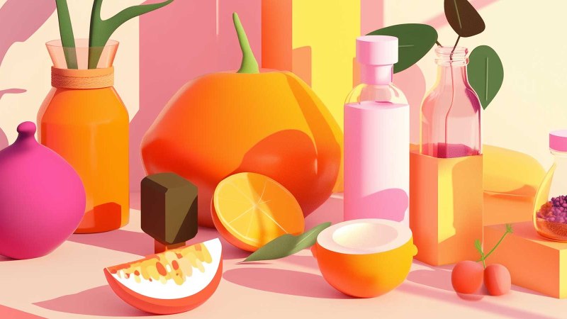 Stilisiertes Bild mit bunten Früchten, Flaschen und geometrischen Formen in warmen Farben. Modernes, künstlerisches Design., © KI-generiert Stilisiertes Bild mit bunten Früchten, Flaschen und geometrischen Formen in warmen Farben. Modernes, künstlerisches Design., © KI-generiert