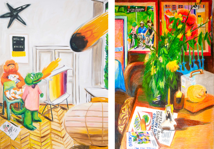 Zwei Gemälde zeigen surreale Szenen mit leuchtenden Farben. Links ein grünes Krokodil und ein Affe, rechts Blumen und Zeitschriften auf einem Tisch., © Yana Duga Zwei Gemälde zeigen surreale Szenen mit leuchtenden Farben. Links ein grünes Krokodil und ein Affe, rechts Blumen und Zeitschriften auf einem Tisch., © Yana Duga