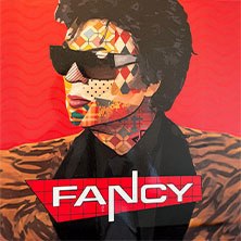 Abstraktes Portr&auml;t eines Mannes mit Sonnenbrille, geometrischen Mustern und rotem Hintergrund. Der Schriftzug 'Fancy' ist prominent platziert., &copy; links im Bild