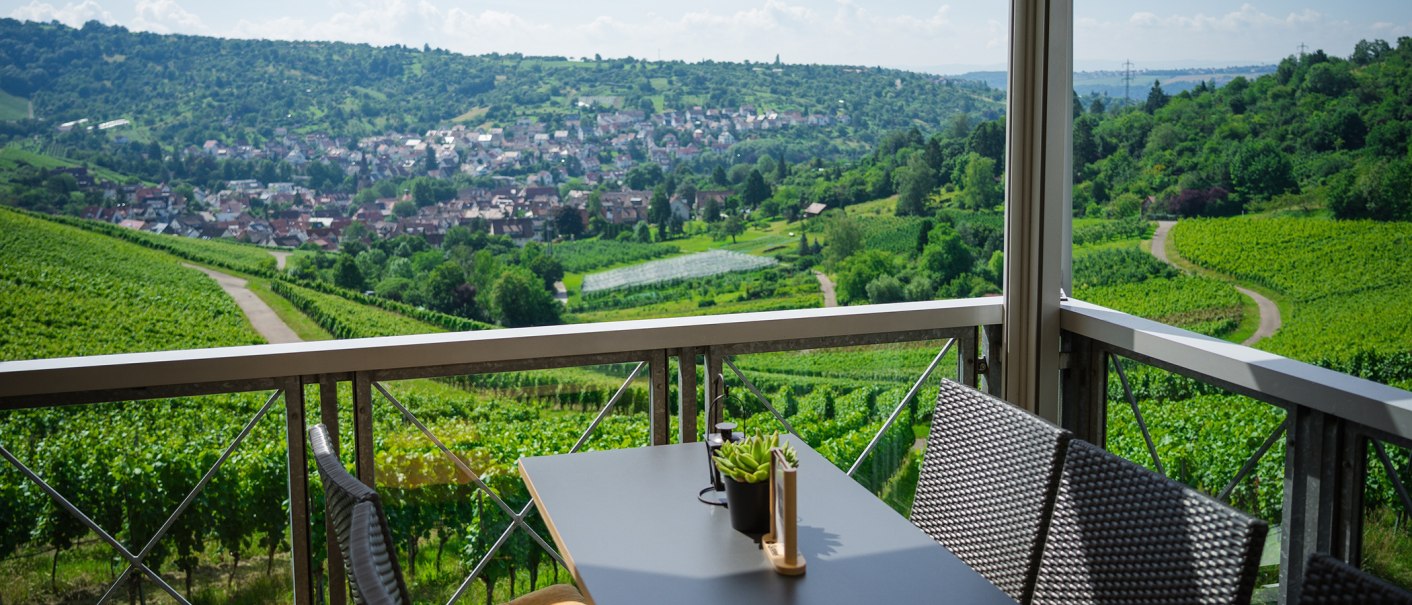 Terrace with table and chairs, view of green vineyards and a village in the background. Sunny day, clear view of the landscape., © Rotenberger Weingärtle, Frederik Garlin