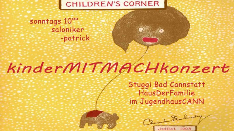 Plakat f&uuml;r ein kinderMITMACHkonzert in Bad Cannstatt. Gelber Hintergrund mit gezeichnetem Gesicht und Elefant. Infos: sonntags 10 Uhr, www.saloniker.de., &copy; Saloniker