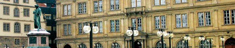 Prinzenbau on Schillerplatz Stuttgart with Stiftsfruchtkasten on the left and Schiller monument in the foreground