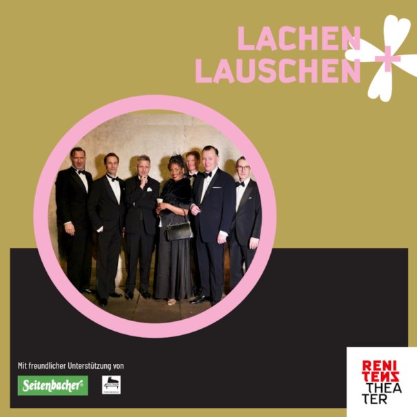 A group of seven people in elegant evening wear pose in front of a wall. They are wearing suits and evening dresses and look cheerful and stylish., &copy; Renitenztheater Stuttgart e.V.