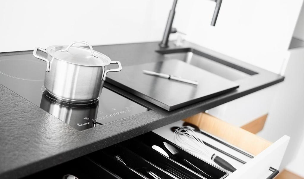 Moderne Kochnische mit Induktionskochfeld, Topf, Spüle und offener Schublade mit Besteck., © livisit bergapartments