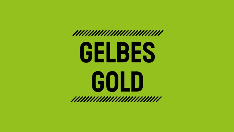 Grüner Hintergrund mit schwarzem Text 'Gelbes Gold', eingerahmt von diagonalen Linien., © Württembergische Staatstheater Stuttgart