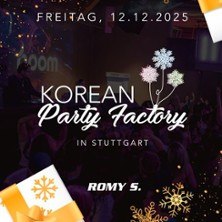 Einladendes Poster für die 'Korean Party Factory' in Stuttgart am 12. Dezember 2025, mit festlichen Schneeflocken und Geschenkmotiven., © links im Bild Einladendes Poster für die 'Korean Party Factory' in Stuttgart am 12. Dezember 2025, mit festlichen Schneeflocken und Geschenkmotiven., © links im Bild