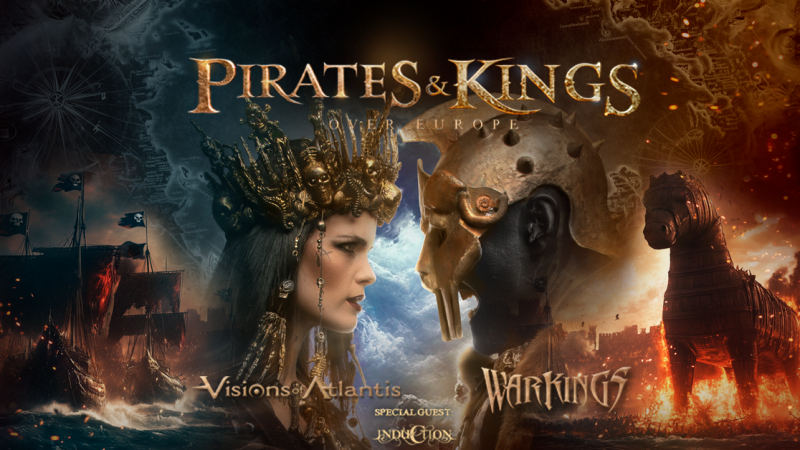 Poster der Pirates & Kings Tour 2026 mit Visions Of Atlantis und Warkings. Es zeigt eine Frau mit Krone und einen Kriegerhelm, flankiert von Schiffen und einem Trojanischen Pferd., © links im Bild Poster der Pirates & Kings Tour 2026 mit Visions Of Atlantis und Warkings. Es zeigt eine Frau mit Krone und einen Kriegerhelm, flankiert von Schiffen und einem Trojanischen Pferd., © links im Bild