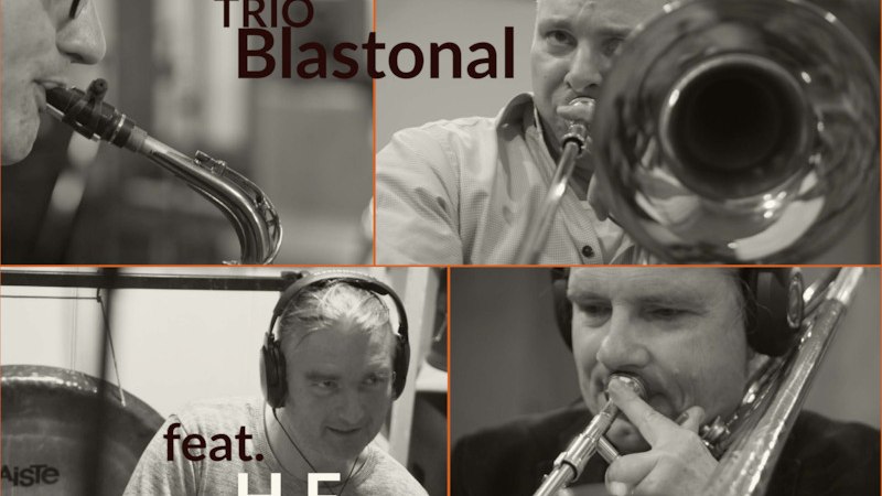 Collage von Musikern des Trios Blastonial mit Blasinstrumenten. Ein Musiker tr&auml;gt Kopfh&ouml;rer. Text: 'feat. H.F.', &copy; Theaterhaus Stuttgart e.V.