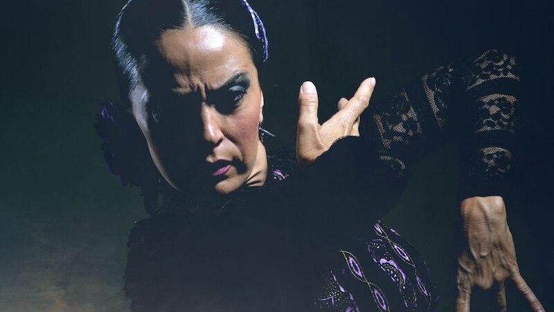 Flamenco-Tänzerin in intensiver Pose, gekleidet in schwarzer Spitze, mit ausdrucksstarker Gestik vor dunklem Hintergrund., © Theaterhaus Stuttgart e.V. Flamenco-Tänzerin in intensiver Pose, gekleidet in schwarzer Spitze, mit ausdrucksstarker Gestik vor dunklem Hintergrund., © Theaterhaus Stuttgart e.V.