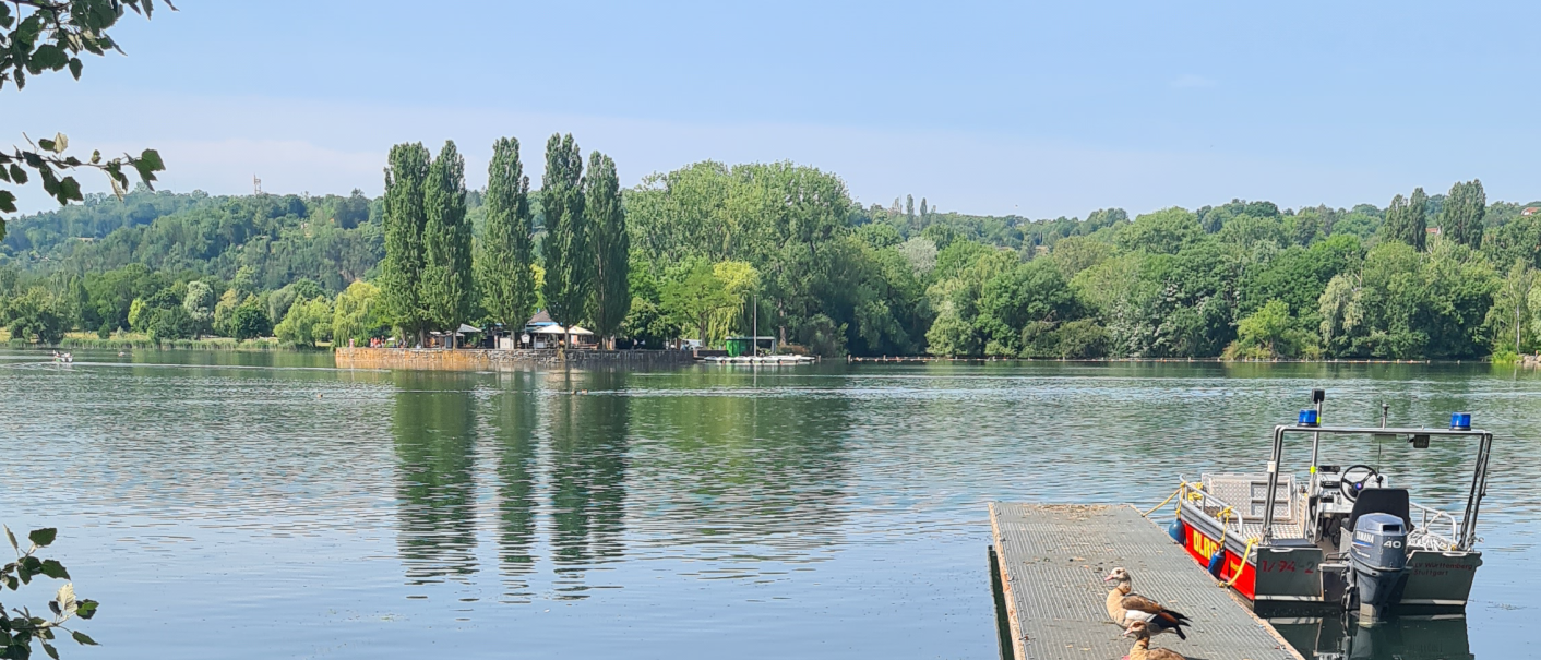 Max-Eyth-See in Stuttgart with ducks on a jetty, a boat and a green landscape in the background., © Stuttgart-Marketing GmbH, Sandra Nörpel