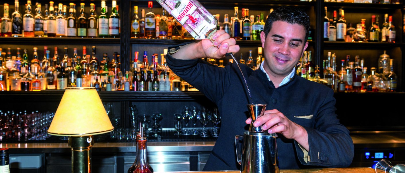 A bartender pours gin into a jigger. Numerous bottles can be seen on a shelf in the background., © © TMBW, Gregor Lengler