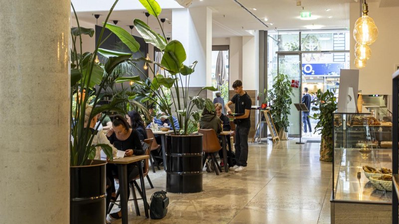 Modernes Café mit großen Pflanzen, Tischen und einem Bediener. Menschen sitzen und genießen ihre Zeit. Helle, einladende Atmosphäre., © SMG, Sarah Schmid