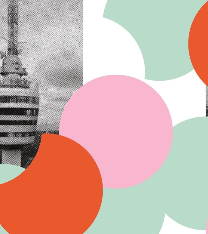 Collage mit schwarz-weißen Fotos von Gebäuden, überlagert von bunten Kreisen in Rot, Grün und Rosa. Ein kreatives Spiel mit Formen und Farben., © StadtPalais Collage mit schwarz-weißen Fotos von Gebäuden, überlagert von bunten Kreisen in Rot, Grün und Rosa. Ein kreatives Spiel mit Formen und Farben., © StadtPalais