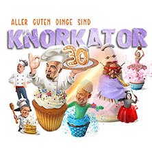Illustration von Knorkator mit Kuchenmotiven und Figuren in bunten Kostümen. Der Schriftzug 'Aller guten Dinge sind 30' ist oben zu sehen., © links im Bild Illustration von Knorkator mit Kuchenmotiven und Figuren in bunten Kostümen. Der Schriftzug 'Aller guten Dinge sind 30' ist oben zu sehen., © links im Bild