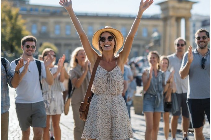 Frau in Sommerkleid und Hut hebt die Arme, umgeben von applaudierenden Menschen auf einem sonnigen Platz., &copy; Stuttgart Marketing GmbH